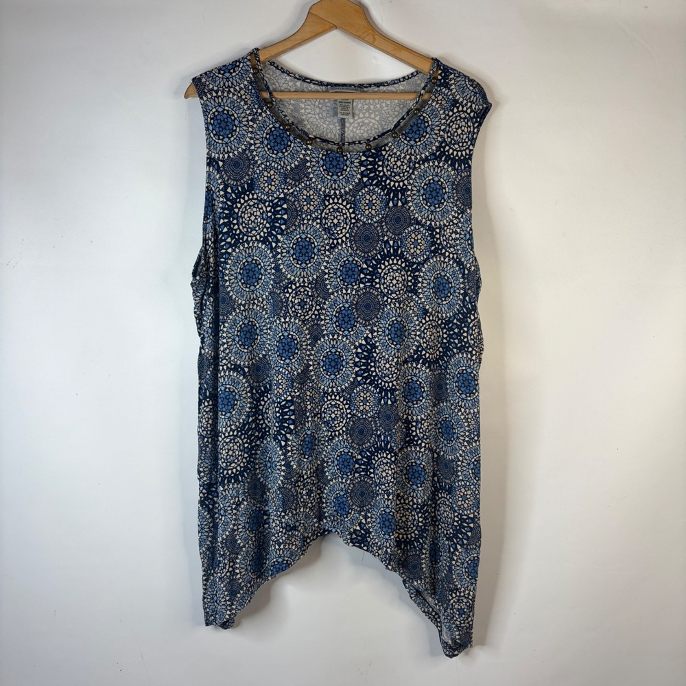 Catherines Tunic Top Women 3XWP Blue Medallion Print Studded Sharkbite Hem
